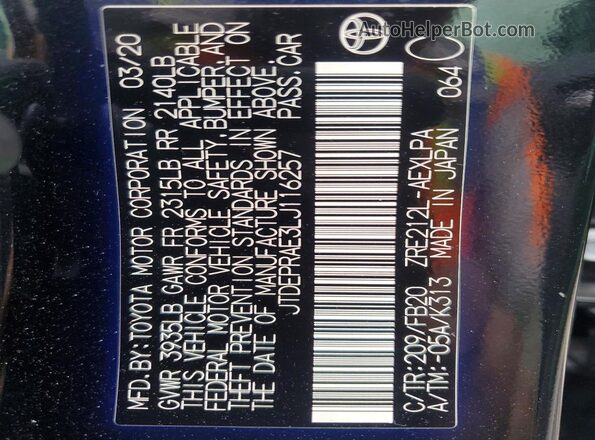 JTDEPRAE3LJ116257 2020 TOYOTA COROLLA Black 