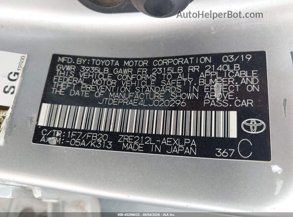 JTDEPRAE4LJ020296 2020 TOYOTA COROLLA Серебряный Вид подкапотного пространства