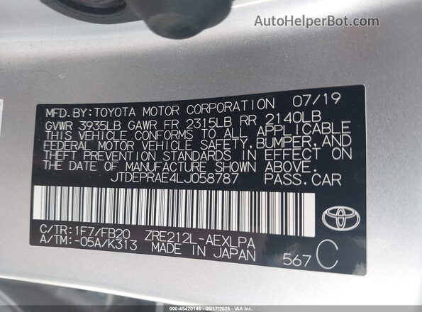 JTDEPRAE4LJ058787 2020 TOYOTA COROLLA Silver Engine compartment view