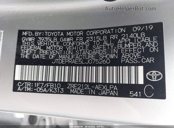JTDEPRAE5LJ075260 2020 TOYOTA COROLLA Silver Engine compartment view