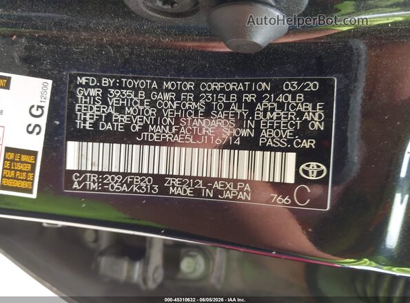 JTDEPRAE5LJ116714 2020 TOYOTA COROLLA Черный Вид подкапотного пространства