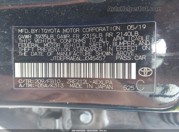 JTDEPRAE6LJ045457 2020 TOYOTA COROLLA Черный Вид подкапотного пространства