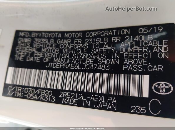 JTDEPRAE6LJ047483 2020 TOYOTA COROLLA White Вид підкапотного простору