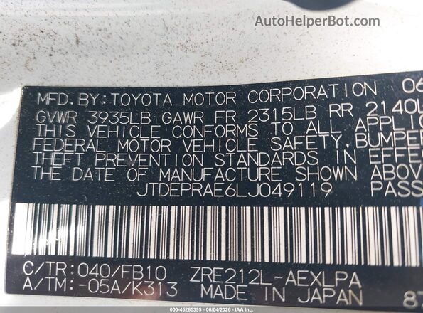 JTDEPRAE6LJ049119 2020 TOYOTA COROLLA Белый Вид подкапотного пространства