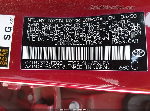 JTDEPRAE6LJ112834 2020 TOYOTA COROLLA Red Vista del compartimento del motor