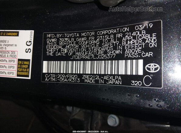 JTDEPRAE7LJ025377 2020 TOYOTA COROLLA Черный Вид подкапотного пространства