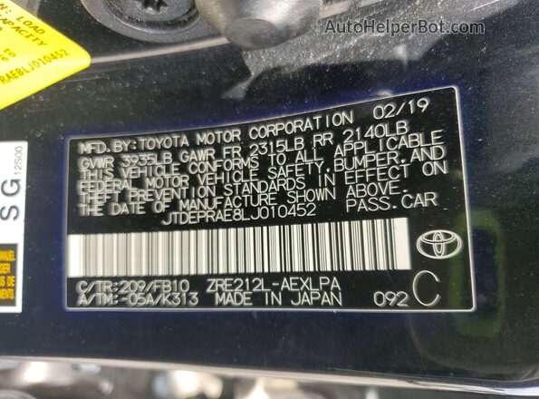 JTDEPRAE8LJ010452 2020 TOYOTA COROLLA Black ძრავის განყოფილების ხედი