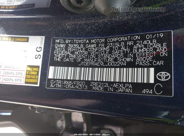 JTDEPRAE9LJ002294 2020 TOYOTA COROLLA Dark Blue ძრავის განყოფილების ხედი