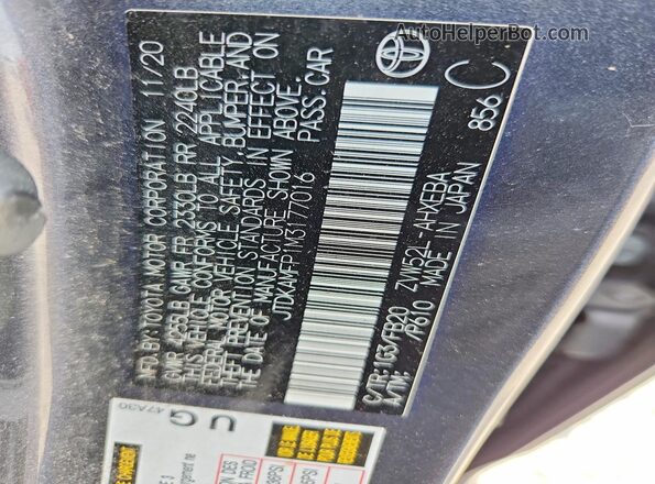 JTDKAMFP1M3177016 2021 TOYOTA PRIUS Gray VIN sticker view