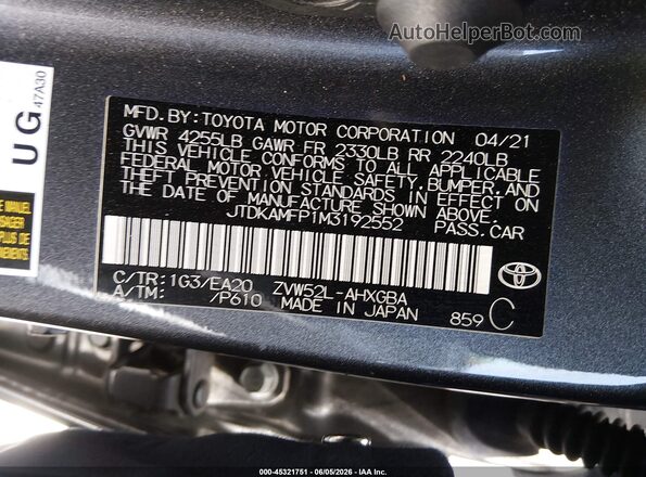 JTDKAMFP1M3192552 2021 TOYOTA PRIUS PRIME Gray Engine compartment view