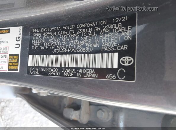 JTDKAMFP2N3208307 2022 TOYOTA PRIUS PRIME Gray 