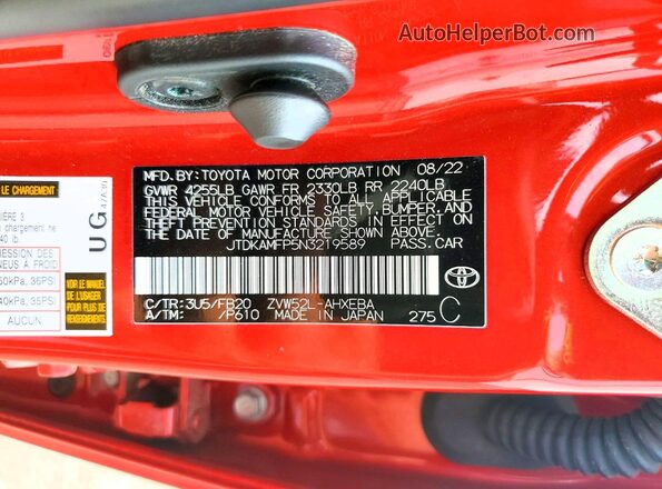 JTDKAMFP5N3219589 2022 TOYOTA PRIUS Red VIN կոդի պիտակի տեսք