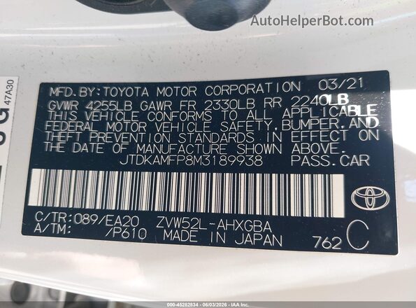 JTDKAMFP8M3189938 2021 TOYOTA PRIUS PRIME Белый 