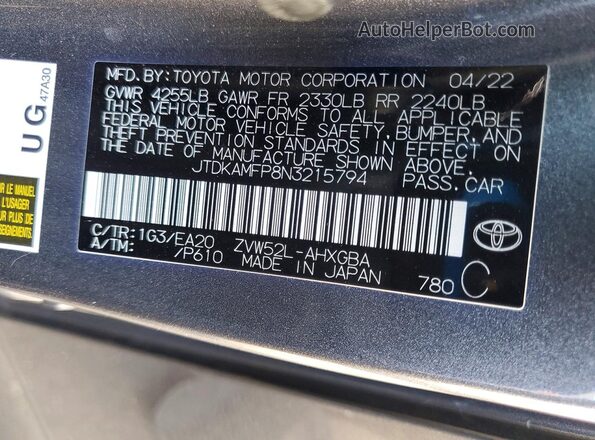 JTDKAMFP8N3215794 2022 TOYOTA PRIUS Gray VIN կոդի պիտակի տեսք