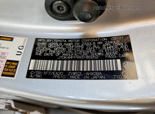JTDKAMFP9M3185252 2021 TOYOTA PRIUS Серебряный 