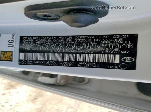 JTDKAMFPXM3191240 2021 TOYOTA PRIUS White VIN კოდის სტიკერის ხედი
