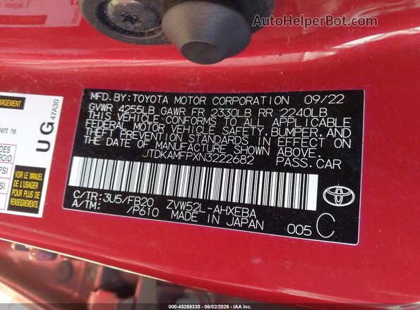 JTDKAMFPXN3222682 2022 TOYOTA PRIUS PRIME Red Շարժիչի բաժամունքի տեսք
