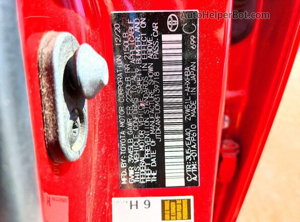 JTDKAMFU0M3139718 2021 TOYOTA PRIUS Red Vista de la etiqueta del VIN