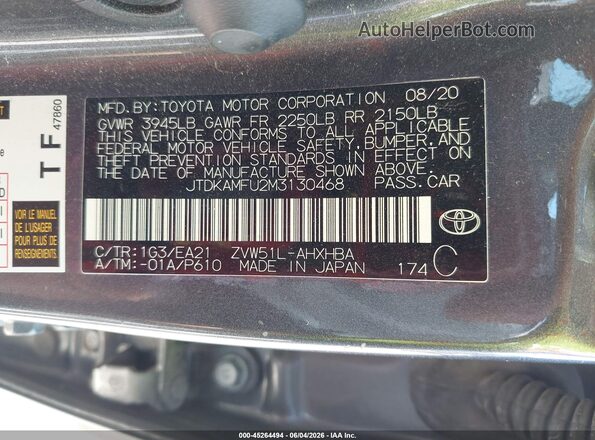 JTDKAMFU2M3130468 2021 TOYOTA PRIUS Gray 
