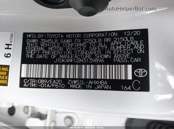 JTDKAMFU2M3139896 2021 TOYOTA PRIUS White Вид підкапотного простору