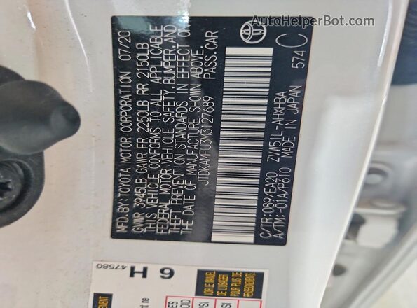 JTDKAMFU3M3127689 2021 TOYOTA PRIUS Белый Вид наклейки с VIN-кодом