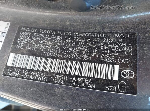 JTDKAMFU6M3134054 2021 TOYOTA PRIUS Gray ძრავის განყოფილების ხედი