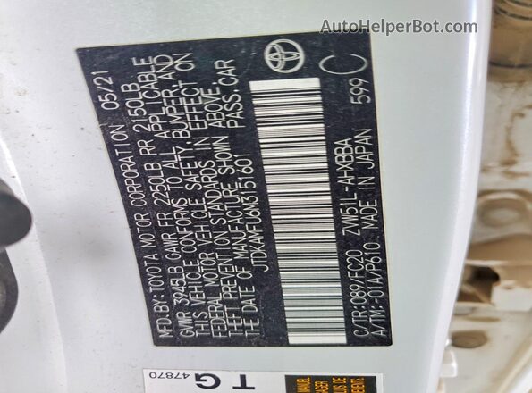 JTDKAMFU6M3151601 2021 TOYOTA PRIUS White Շարժիչի բաժամունքի տեսք