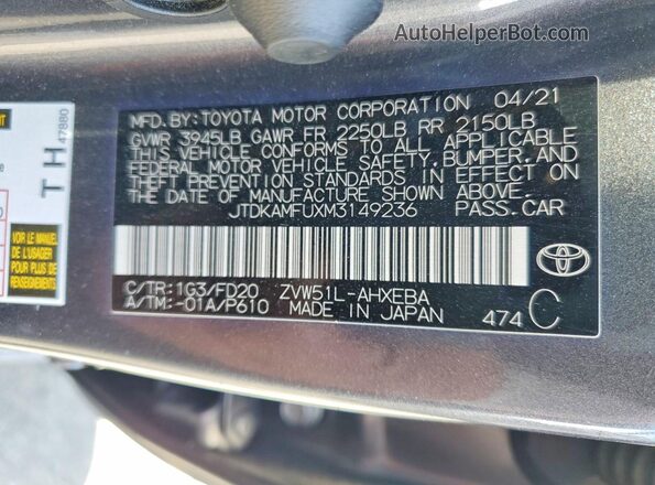 JTDKAMFUXM3149236 2021 TOYOTA PRIUS Gray 
