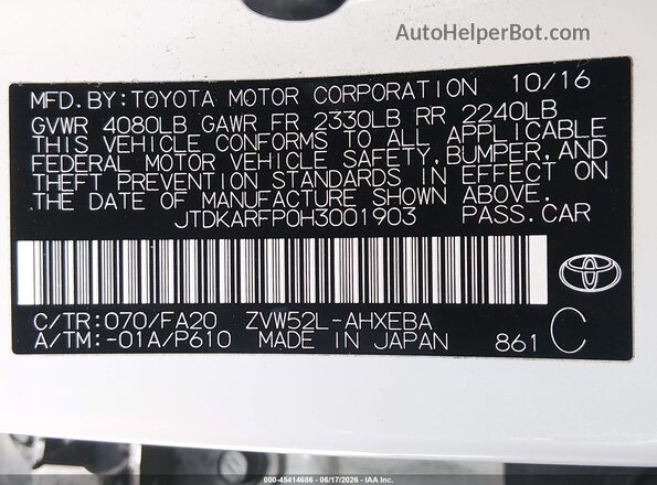 JTDKARFP0H3001903 2017 TOYOTA PRIUS PRIME White Engine compartment view
