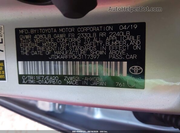 JTDKARFP0K3117397 2019 TOYOTA PRIUS PRIME Silver Вид підкапотного простору