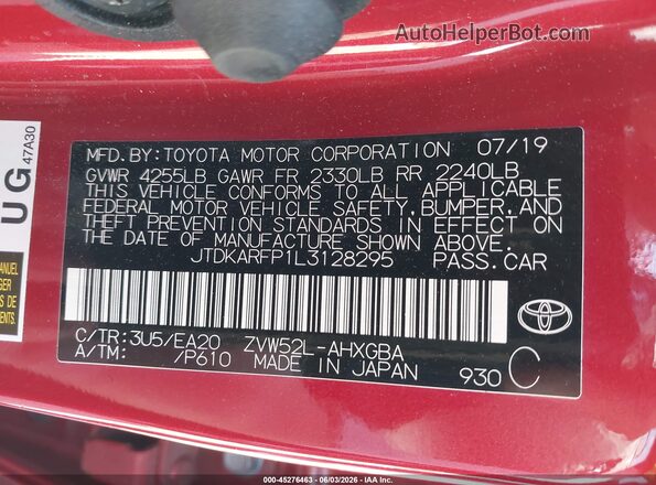JTDKARFP1L3128295 2020 TOYOTA PRIUS PRIME Red ძრავის განყოფილების ხედი