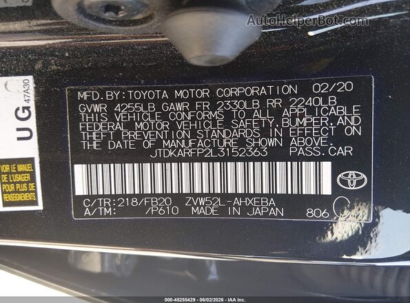 JTDKARFP2L3152363 2020 TOYOTA PRIUS PRIME Black Vista del compartimento del motor