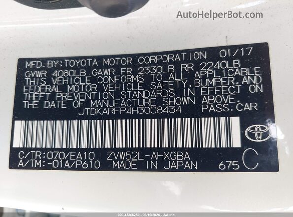 JTDKARFP4H3008434 2017 TOYOTA PRIUS PRIME White 