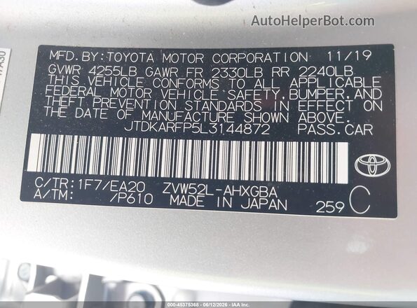 JTDKARFP5L3144872 2020 TOYOTA PRIUS PRIME Silver 
