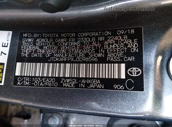 JTDKARFPXJ3098596 2018 TOYOTA PRIUS PRIME Gray Engine compartment view