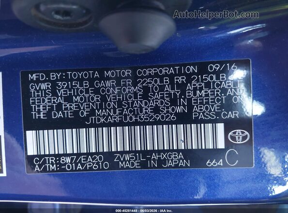 JTDKARFU0H3529026 2017 TOYOTA PRIUS Blue Շարժիչի բաժամունքի տեսք
