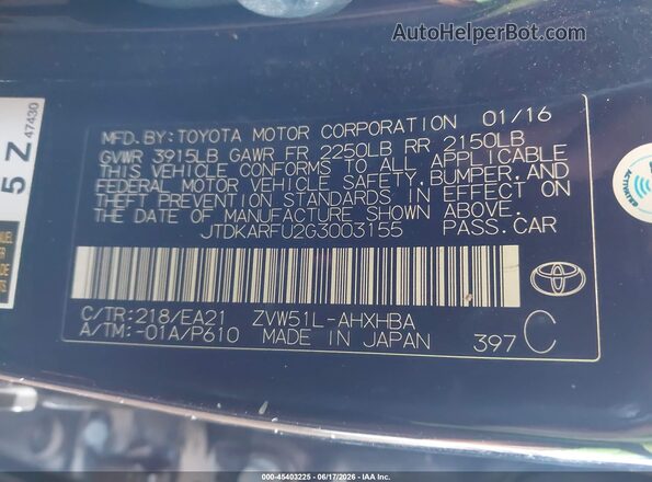 JTDKARFU2G3003155 2016 TOYOTA PRIUS Черный Вид подкапотного пространства