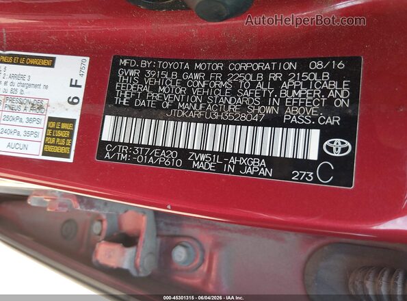 JTDKARFU3H3528047 2017 TOYOTA PRIUS Red Widok komory silnika