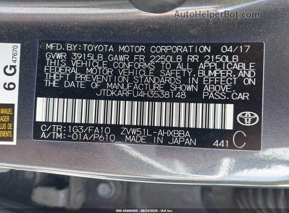 JTDKARFU4H3538148 2017 TOYOTA PRIUS Gray Widok komory silnika