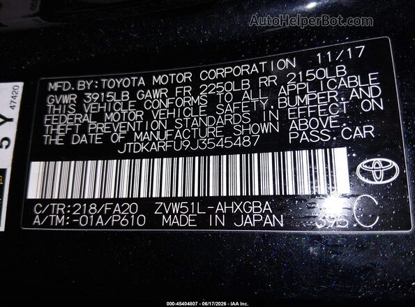 JTDKARFU9J3545487 2018 TOYOTA PRIUS Black Widok komory silnika