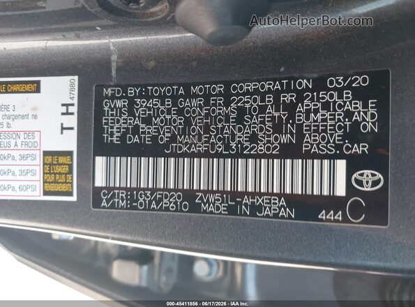 JTDKARFU9L3122802 2020 TOYOTA PRIUS Gray Շարժիչի բաժամունքի տեսք