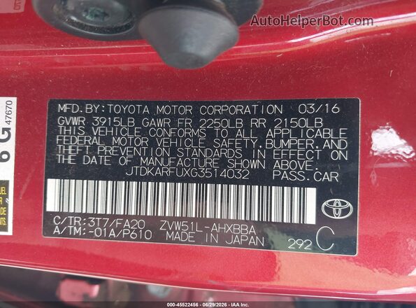 JTDKARFUXG3514032 2016 TOYOTA PRIUS Red Շարժիչի բաժամունքի տեսք
