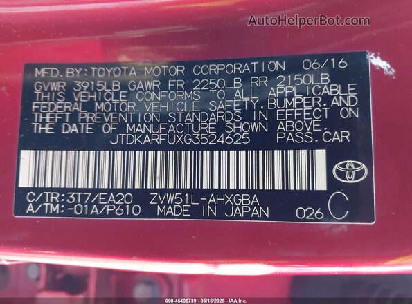 JTDKARFUXG3524625 2016 TOYOTA PRIUS Red ძრავის განყოფილების ხედი