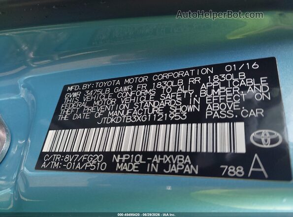 JTDKDTB3XG1121953 2016 TOYOTA PRIUS C Синий Вид подкапотного пространства