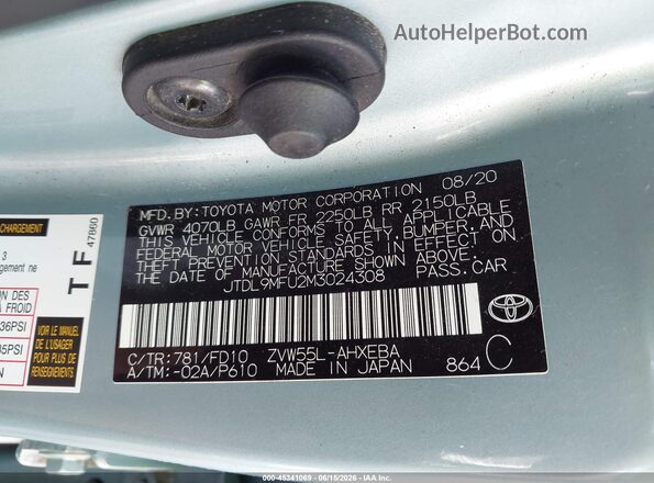 JTDL9MFU2M3024308 2021 TOYOTA PRIUS Teal Vista del compartimento del motor