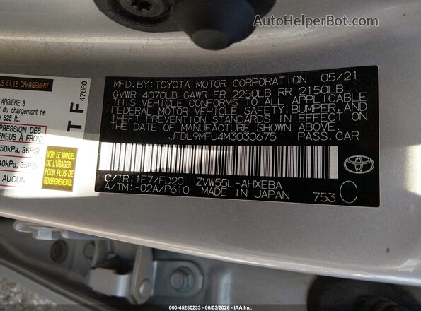 JTDL9MFU4M3030675 2021 TOYOTA PRIUS Gray Widok komory silnika
