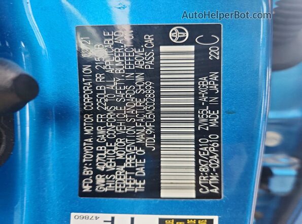 JTDL9MFU5M3028899 2021 TOYOTA PRIUS Blue ძრავის განყოფილების ხედი