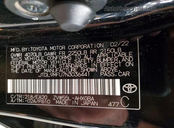 JTDL9MFU7N3036441 2022 TOYOTA PRIUS Black Շարժիչի բաժամունքի տեսք
