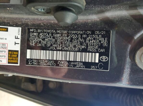 JTDL9MFU9M3030817 2021 TOYOTA PRIUS Charcoal Widok naklejki z numerem VIN