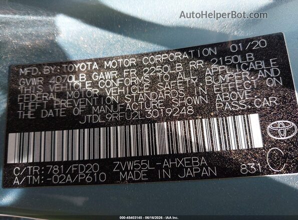 JTDL9RFU2L3019248 2020 TOYOTA PRIUS Бирюзовый Вид подкапотного пространства
